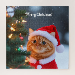 Puzzle Chat de Noël à côté de l'arbre de Noël