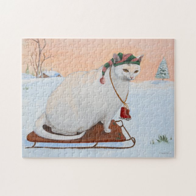 Puzzle Chat de Noël blanc en neige (Horizontal)