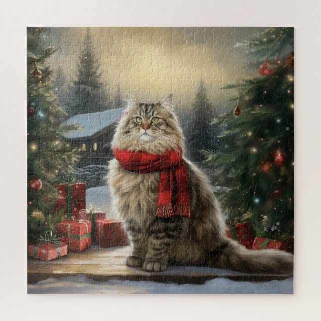 Puzzle Chat de Sibérie en Noël de Neige (Vertical)