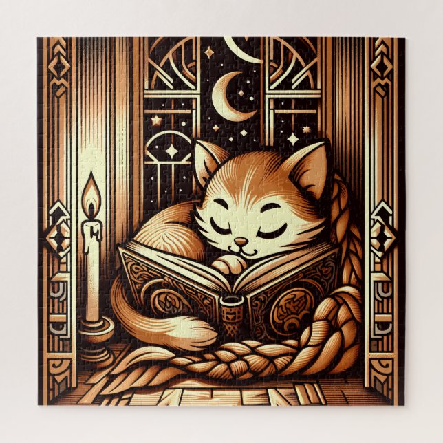 Puzzle Chat de style Art Déco endormi avec un livre (Vertical)
