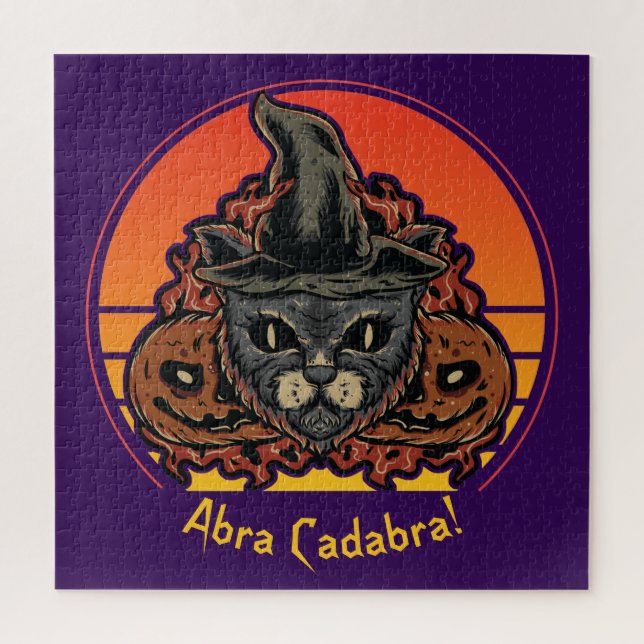 Puzzle Chat d'Halloween en sorcière Casquette Abra Cadabr (Vertical)
