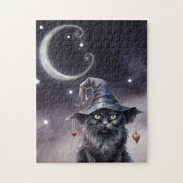 Puzzle Chat d'Halloween noir portant un Casquette de sorc (Vertical)