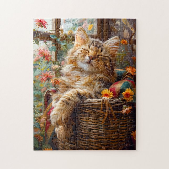 Puzzle Chat dormant sur l'appui de fenêtre parmi les fleu (Vertical)