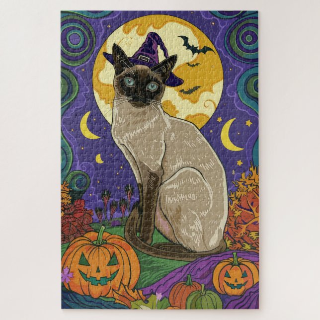 Puzzle Chat éffrayant Siamese Halloween sorcière et Citro (Vertical)