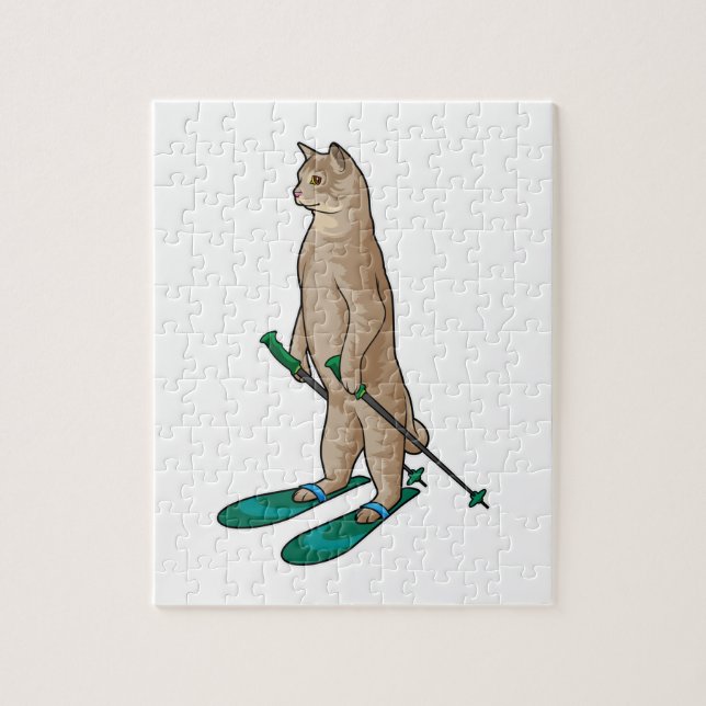 Puzzle Chat en Ski avec Pôles de Ski & Ski (Vertical)