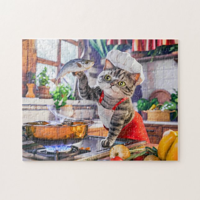 Puzzle Chat en toque de chef cuisinant avec des légumes e (Horizontal)
