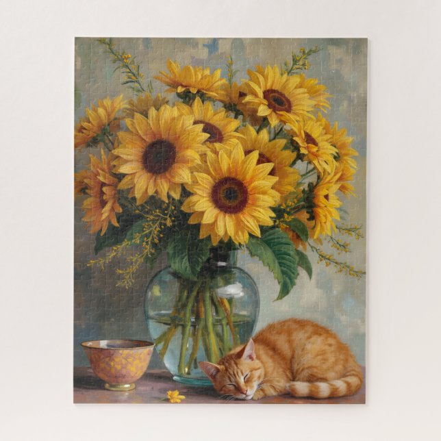 Puzzle Chat endormi et tournesols (Vertical)