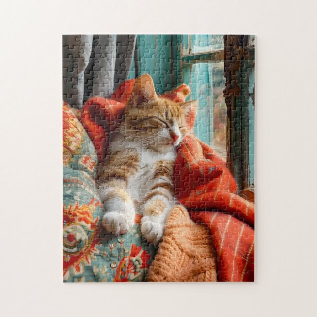 Puzzle Chat endormi près de la fenêtre avec oreiller et c (Vertical)
