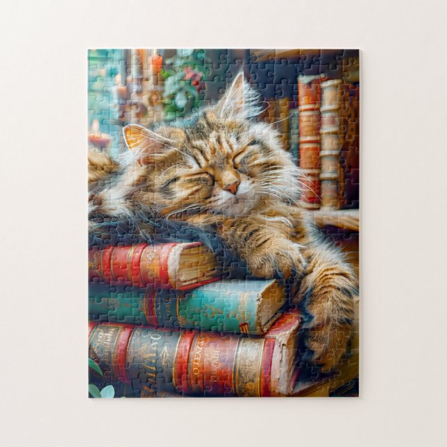 Puzzle Chat endormi sur un tas de livres (Vertical)