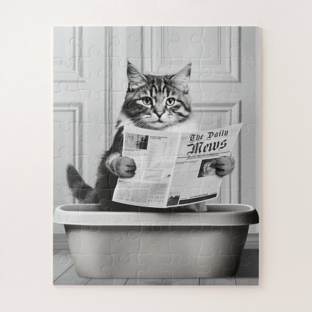 Puzzle Chat est assis sur la Toilette, chat lire une nouv (Vertical)