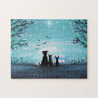 Puzzle Chat et chiens Coucher de soleil hivernal