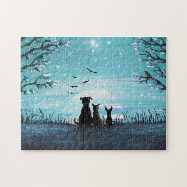 Puzzle Chat et chiens Coucher de soleil hivernal (Horizontal)