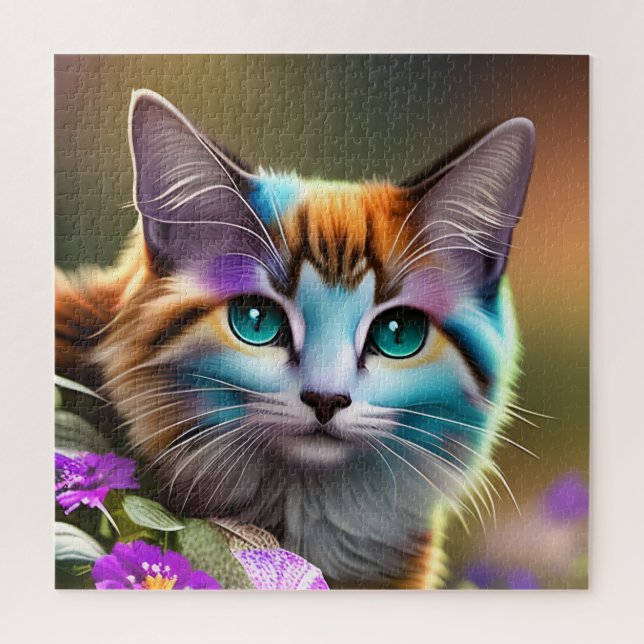 Puzzle chat et fleurs bleu et rouille calico (Vertical)