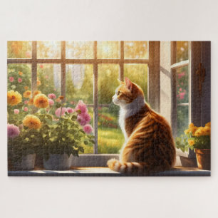Puzzle Chat et fleurs dans une fenêtre ensoleillée