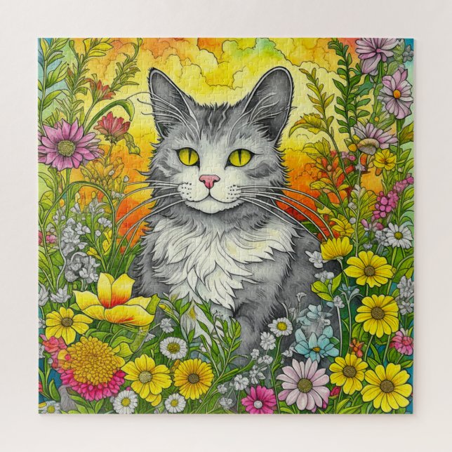 Puzzle Chat et Fleurs Whimsical (Vertical)