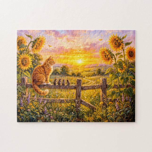 Puzzle Chat et Souris Coucher de Soleil sur une Clôture (Horizontal)