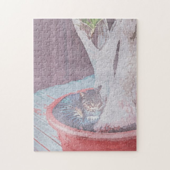 Puzzle chat extérieur dormant art numérique aquarelle (Vertical)