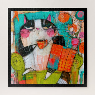 Puzzle Chat grincheux buvant du café dans un fauteuil