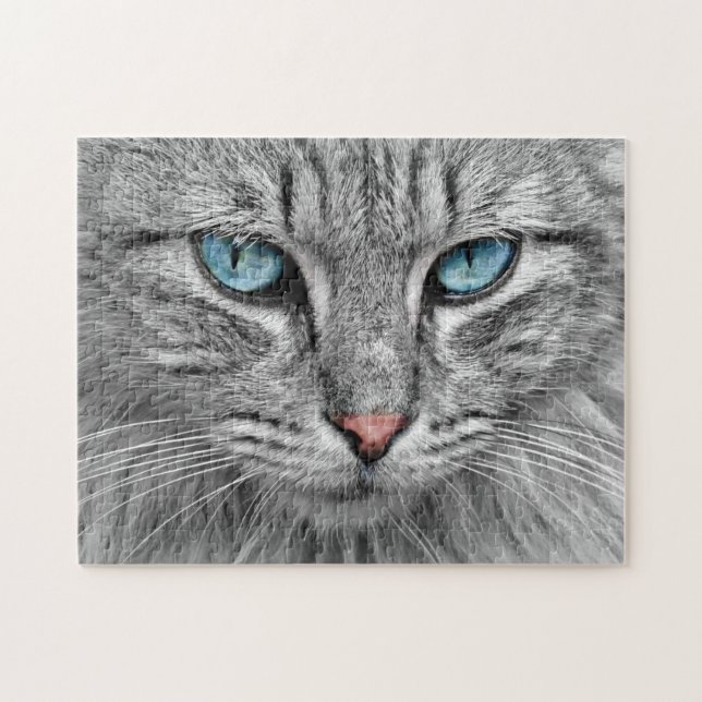 Puzzle Chat gris avec yeux bleus (Horizontal)
