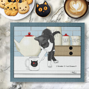 Puzzle Chat Gris Blanc Curieux Tasse à Thé Drôle Cuisine