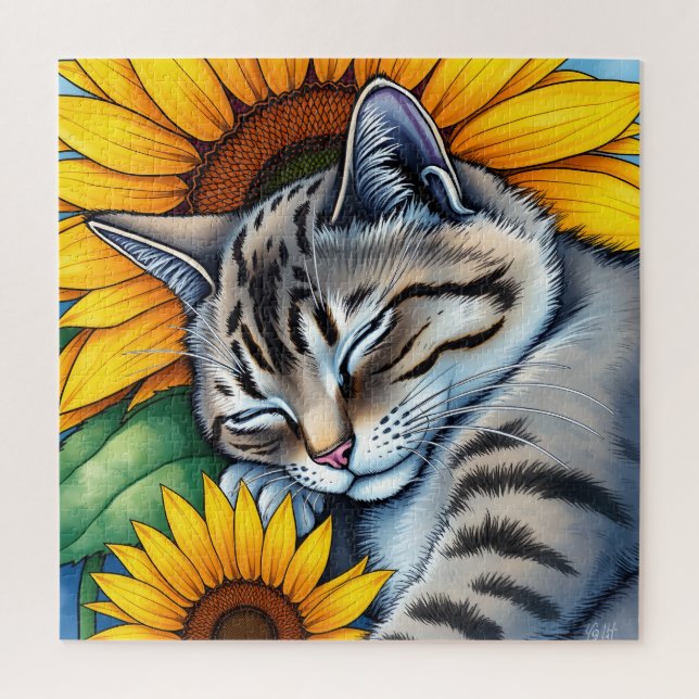 Puzzle Chat Gris Mignon Endormi et Tournesol (Vertical)