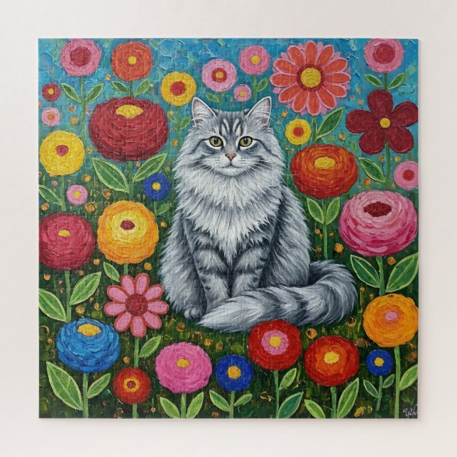 Puzzle Chat gris rayé et duveteux avec des fleurs d'art f (Vertical)