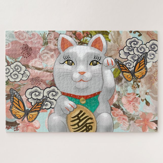 Puzzle Chat japonais chanceux | Fleurs (Horizontal)