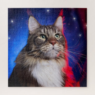 Puzzle Chat Maine Coon Avec Aura Bleu Rouge Blanc Et Étoi