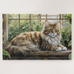 Puzzle Chat Maine Coon dans un jardin intérieur cosy