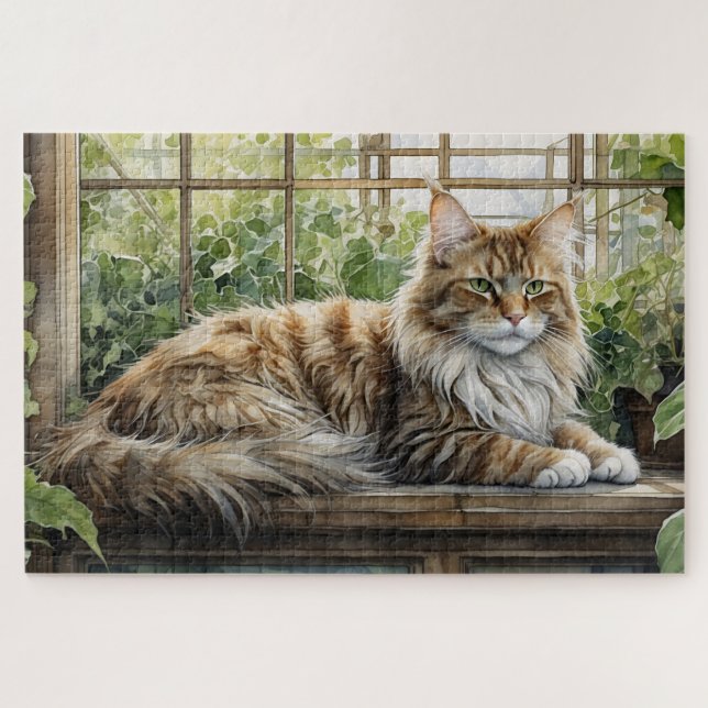 Puzzle Chat Maine Coon dans un jardin intérieur cosy (Horizontal)