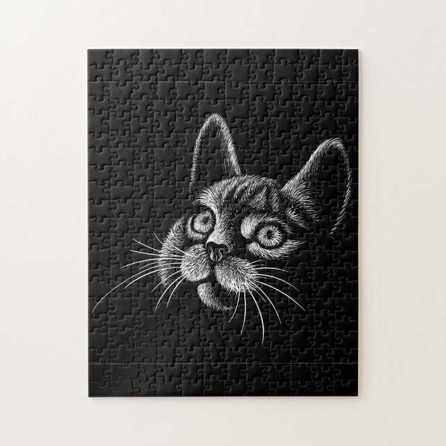 Puzzle Chat noir (A jigsaw puzzle featuring a black background with a white sketch of a cat's head. )