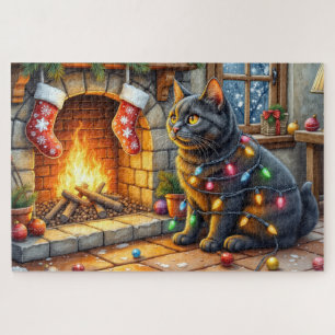 Puzzle Chat noir assis près d'une cheminée avec des lumiè