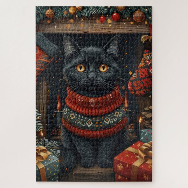 Puzzle Chat noir avec cheminée de cadeaux de Noël (Vertical)