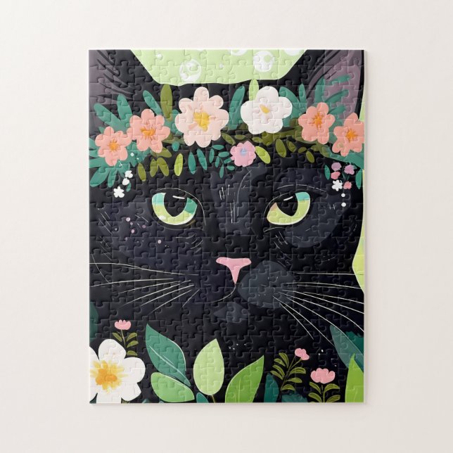 Puzzle Chat noir avec couronne florale (Vertical)