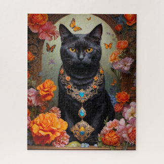 Puzzle Chat noir avec de belles bijoux et fleurs