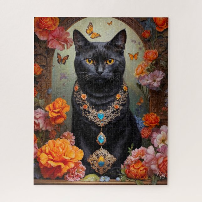 Puzzle Chat noir avec de belles bijoux et fleurs (Vertical)