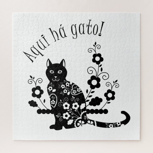 Puzzle Chat noir avec fleurs et expression portugaise (Vertical)