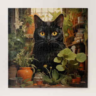 Puzzle Chat noir avec plantes de maison