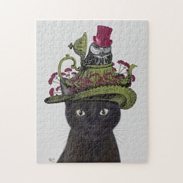 Puzzle Chat noir avec théière et hibou (Vertical)