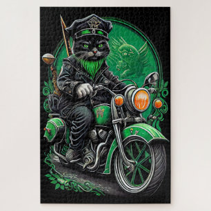 Puzzle Chat noir conduisant un vélo la Saint-Patrick