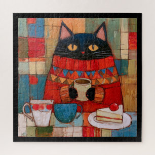 Puzzle Chat noir confortable buvant du café au café