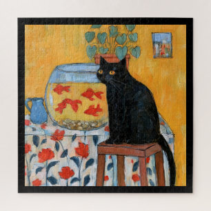 Puzzle Chat noir curieux regardant un aquarium