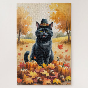 Puzzle Chat Noir dans l'Art de Remerciement des Feuilles 