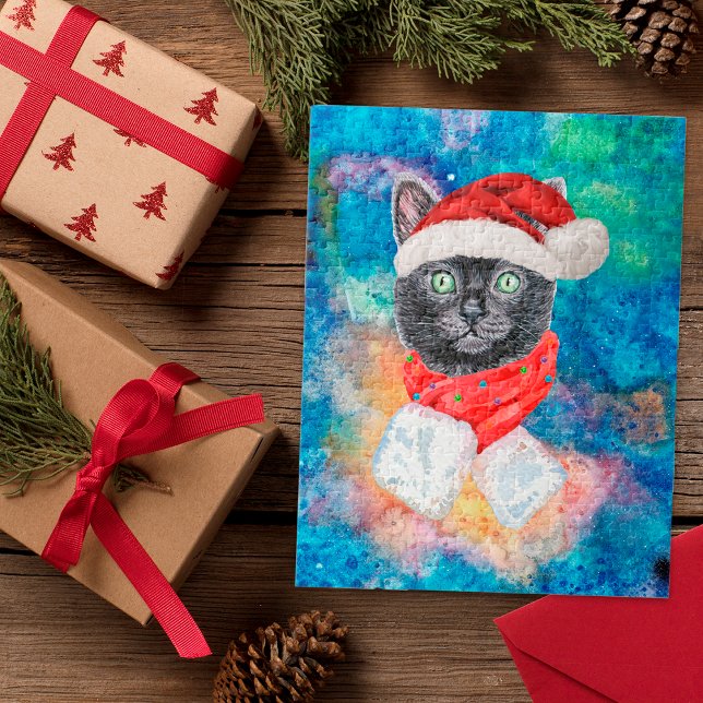 Puzzle Chat noir de Noël avec écharpe rouge de vacances (Créateur téléchargé)