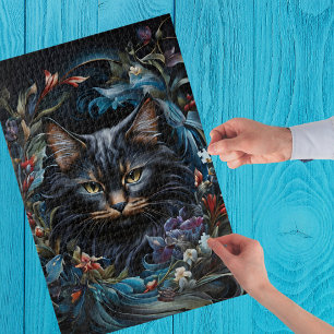 Puzzle Chat noir derrière tourbillon de fleurs et feuille