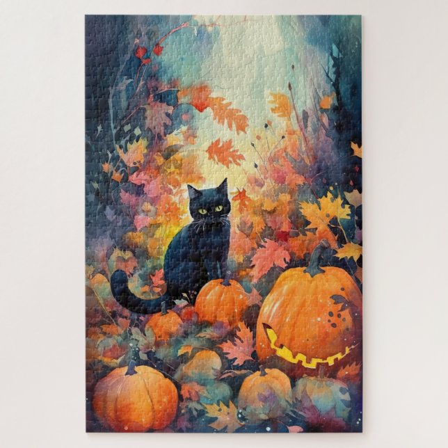 Puzzle Chat noir d'Halloween avec la peur Citrouille (Vertical)