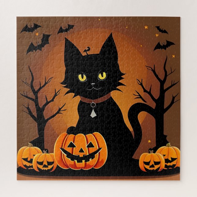 Puzzle Chat noir d'Halloween entouré de citrouilles (Vertical)