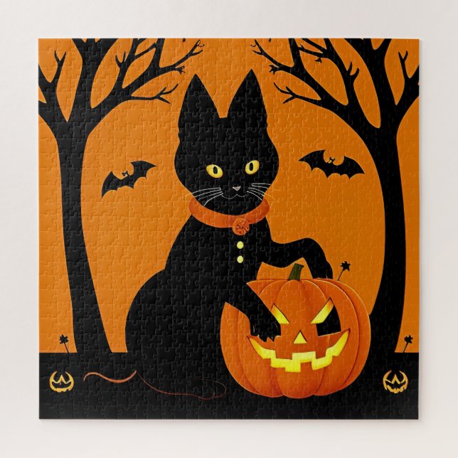 Puzzle Chat noir d'Halloween entouré de citrouilles (Vertical)
