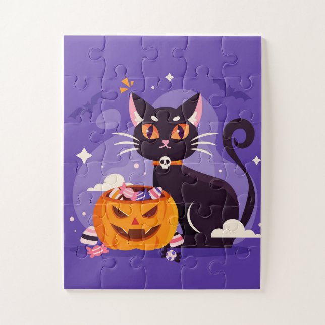 Puzzle Chat noir d'Halloween et Citrouille (Vertical)