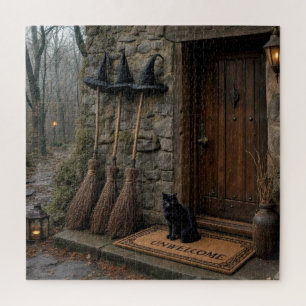 Puzzle Chat noir d'Halloween sur un paillasson peu accuei